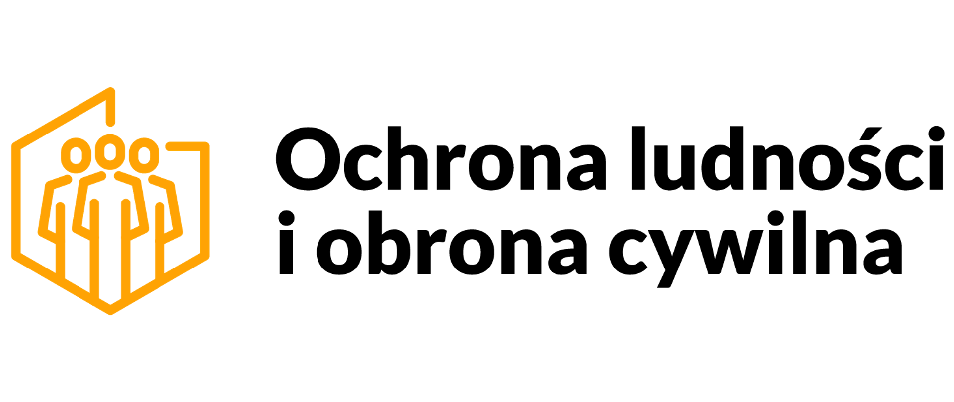 Logo Ochrony ludności i obrony cywilnej. Po lewej stronie trzy postaci o konturach w kolorze żółtym wpisane w zółty kontur terytorium Rzeczypospolitej Polski, a po prawej stronie czarny napis Ochrona ludności i obrony cywilnej.
