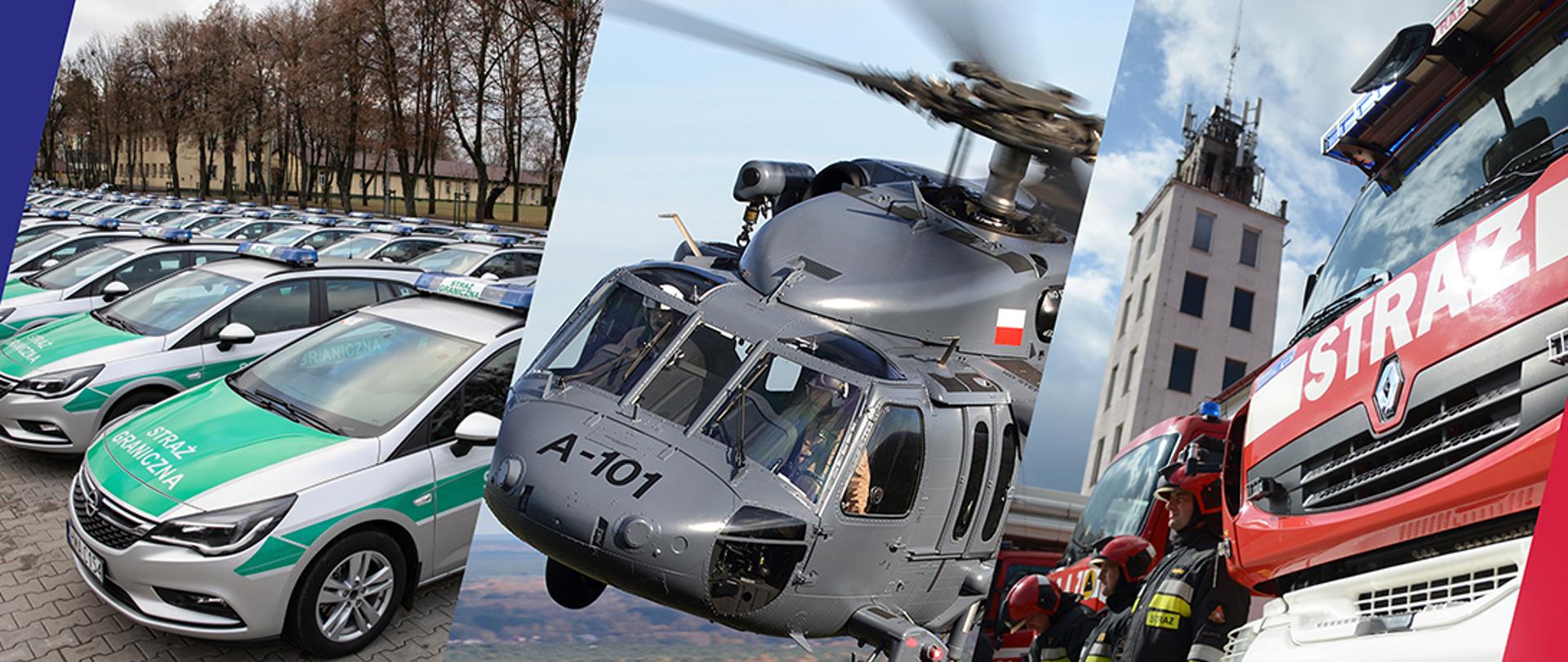 Samochody Straży Granicznej, śmigłowiec Black Hawk i wóz Państwowej Straży Pożarnej.