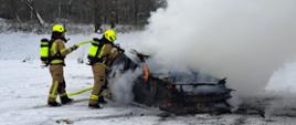 Strażacy gaszący samochód