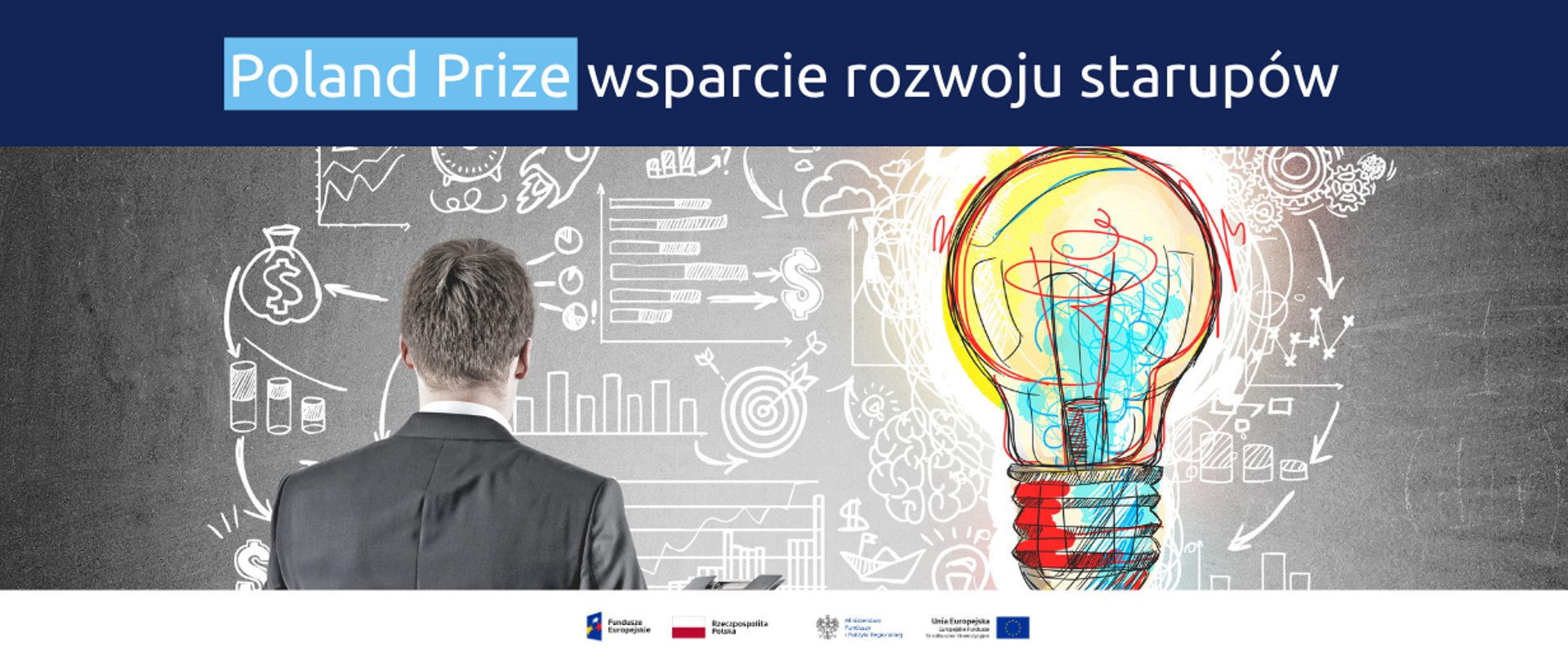Na grafice u góry napis: "Poland Prize wsparcie rozwoju startupów". Poniżej ilustracja symbolizująca inspiracje.
