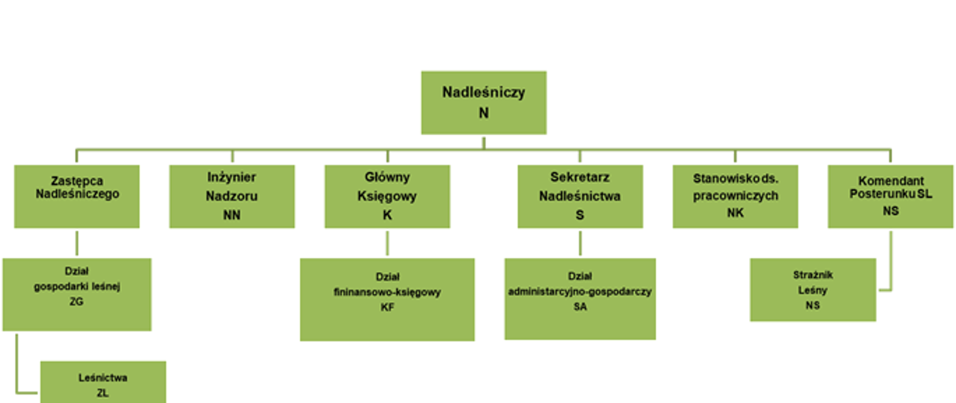 Schemat Organizacyjny Nadleśnictwa Sieraków. Nadleśniczemu (N) podlegają bezpośrednio: Zastępca Nadleśniczego (Z), Główny Księgowy (K), Sekretarz Nadleśnictwa (S), Inżynier Nadzoru (NN), Stanowisko do spraw pracowniczych (NK) oraz Komendant Posterunku Straży Leśnej (NS). Zastępcy Nadleśniczego (Z) podlega dział gospodarki leśnej (ZG) oraz leśnictwa (ZL). Obsada leśnictw jest dwuosobowa. Leśniczemu (ZL) podlega podleśniczy (ZP). Główny Księgowy kieruje działem finansowo księgowym (KF). Sekretarz Nadleśnictwa (NS) kieruje działem administracyjno-gospodarczym (SA). Obsada Posterunku Straży Leśnej (NS) jest dwuosobowa. Komendantowi Posterunku Straży Leśnej (NS) podlega Strażnik Leśny (NS).