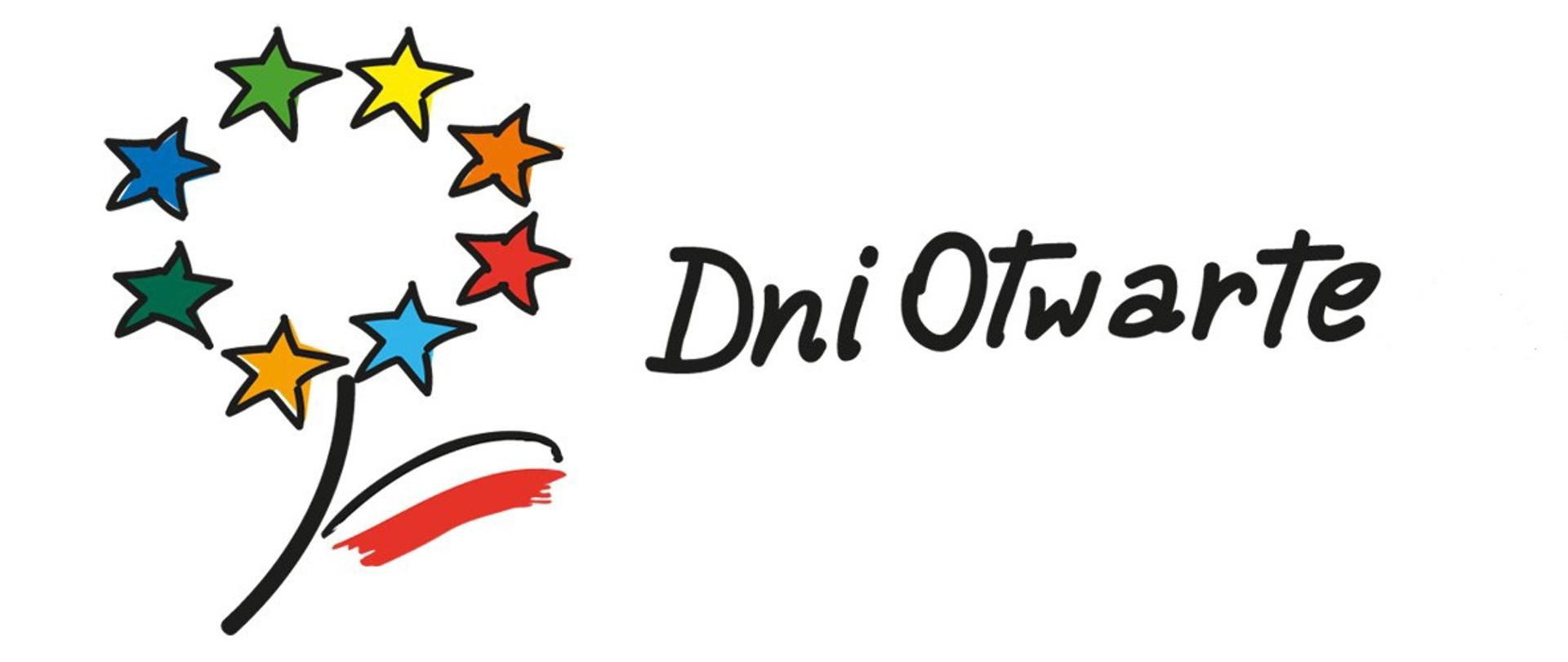 napis na grafice Dni Otwarte i logotyp - symbol kwiatu, którego płatki są złożone z gwiazd jak w fladze Unii Europejskiej