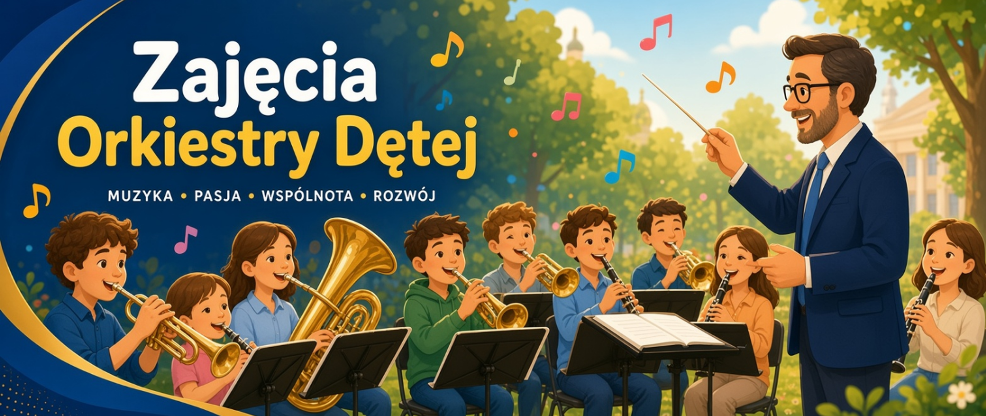 Baner reklamowy w stylu dziecięcym: kolorowa ilustracja przedstawiająca grupę uśmiechniętych dzieci grających na instrumentach dętych (trąbki, puzony, tuby, klarnety) na świeżym powietrzu wśród drzew. Po prawej stronie stoi przyjazny dyrygent w granatowym garniturze, który dyryguje batutą. Nad sceną unosi się tekst „Zajęcia Orkiestry Dętej” w dużych złoto-białych literach oraz hasło „MUZYKA • PASJA • WSPÓLNOTA • ROZWÓJ”. W tle widać zielone drzewa, budynek i unoszące się kolorowe nutki