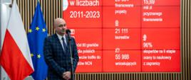Mężczyzna w garniturze w granatową kratę stoi i mówi do mikrofonu na stojaku, na wbudowanym w ścianę wielkim ekranie napis NCN w liczbach 2011-2023,