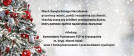 Na zdjęciu widoczna choinka pokryta śniegiem i czerwonymi bombkami. Obok choinki srebrzyste tło pokryte płatkami śniegu. Na kartce świątecznej widoczne życzenia o treści" Niech świeta Bożego Narodzenia przyniosą radość, pokój i wzajemną życzliwość. Niech staną się źródłem wzmacniania ducha, który pomoże spełnić najskrytsze marzenia!