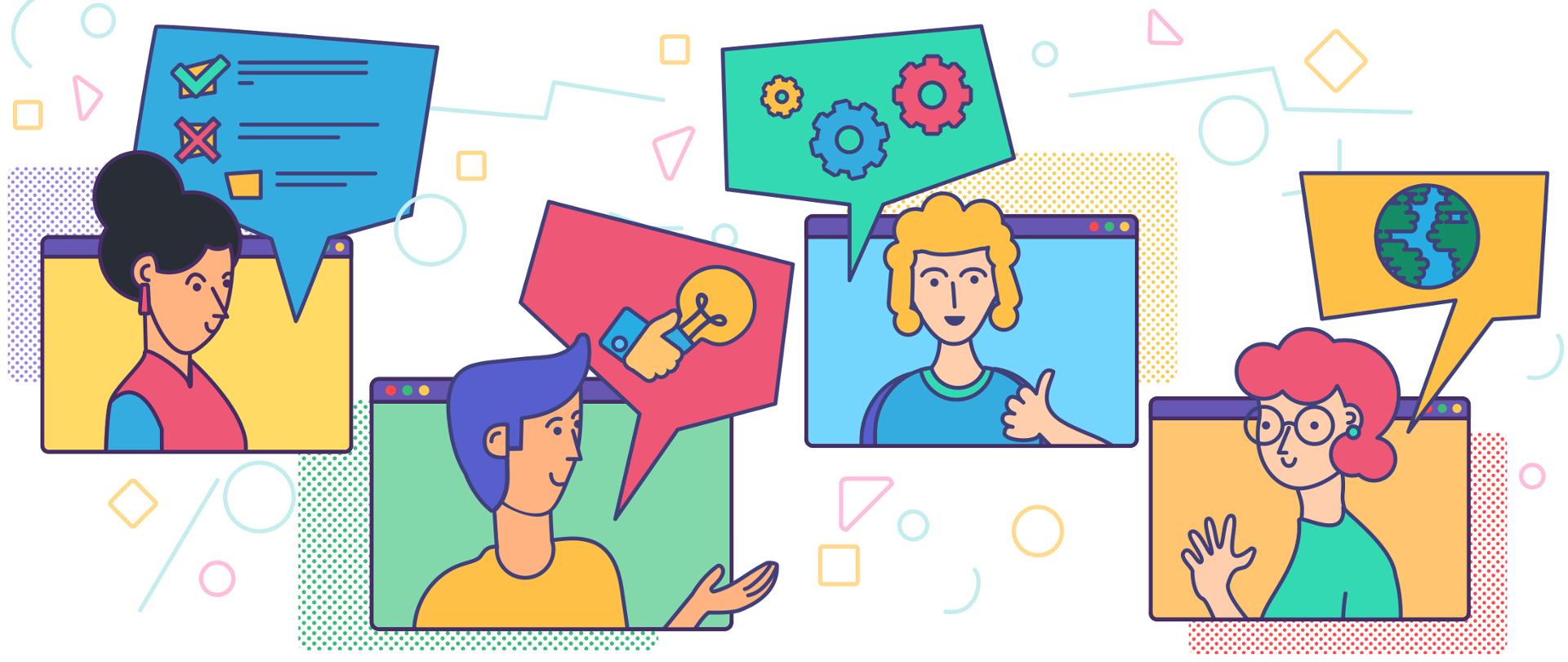 Wielokolorowa grafika wektorowa - cztery osoby (trzy kobiety i mężczyzna) rozmawiają ze sobą przez wideokomunikator. Widać ich w oddzielnych ekranach. Nad każdym komiksowa chmurka, a w niej symbole kojarzące się z internetem (symbol wyszukiwarki, wiadomości, itp.).