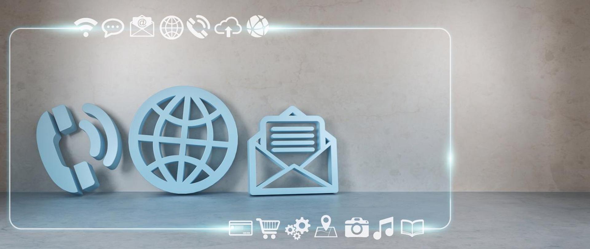 Piktogramy przedstawiające różne formy kontaktu, m.in. telefon, kula ziemska, koperta.