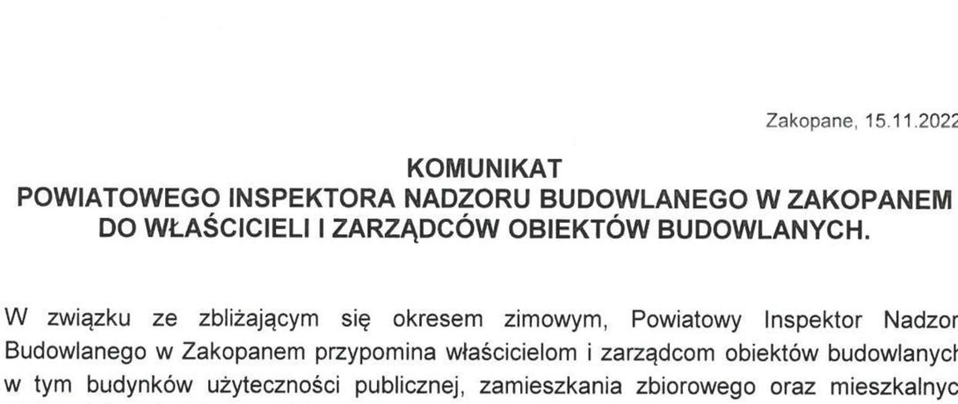 Komunikat PINB w Zakopanem do właścicieli i zarządców obiektów budowlanych.