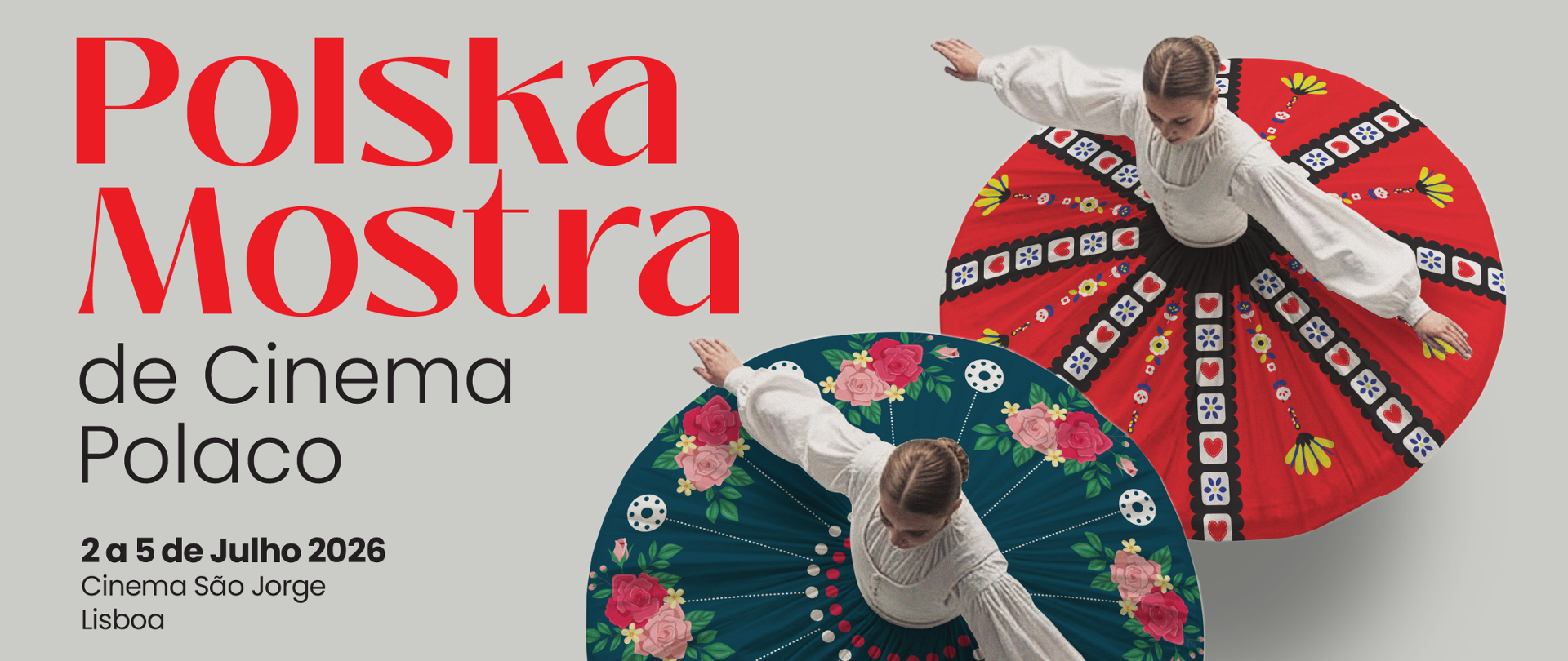O lado direito da imagem retrata duas mulheres a dançar, vestidas de saias coloridas inspiradas em motivos folclóricos polacos. O lado esquerdo da imagem apresenta a inscrição "Polska Mostra de Cinema Polaco".