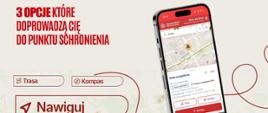Grafika informacyjna prezentująca aplikację z mapą punktów schronienia na ekranie smartfona oraz opcjami trasy, kompasu i nawigacji do wybranego obiektu.