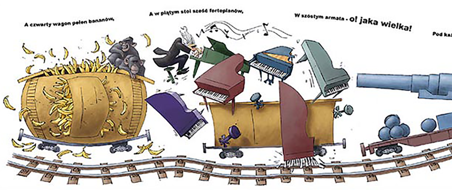 Ilustracja do opowiadania Juliana Tuwima "Lokomotywa" przedstawia tor kolejowy, wagony, fortepiany, armatę.