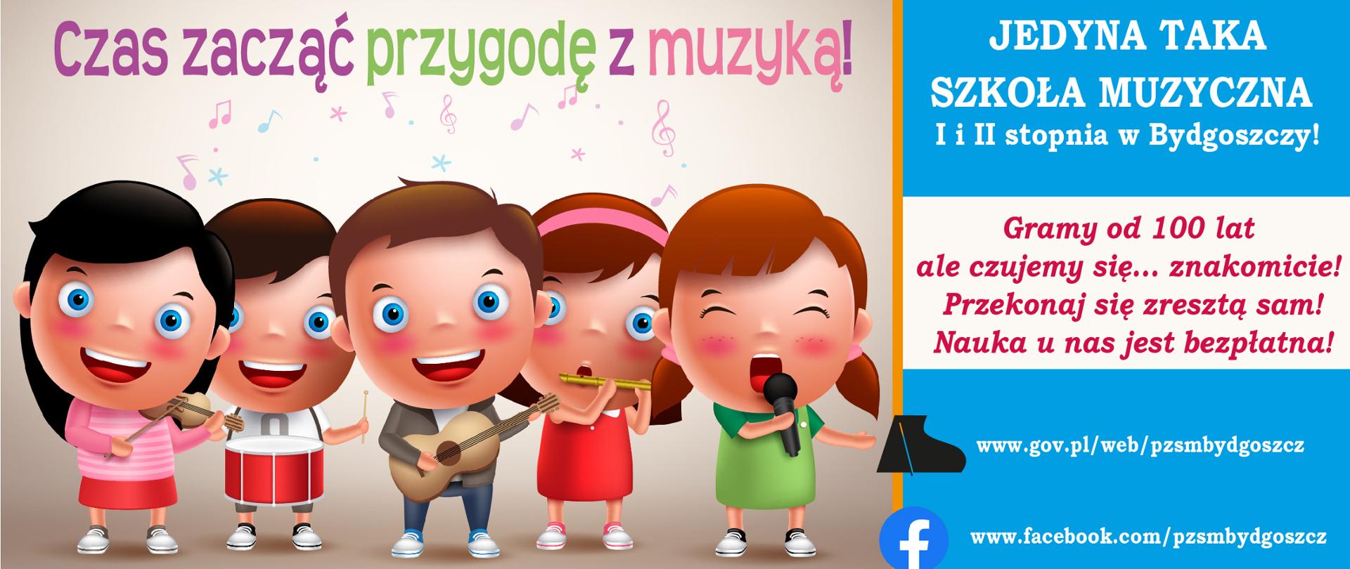 na plakacie rysunki uśmiechniętych dzieci oraz opisy szkół