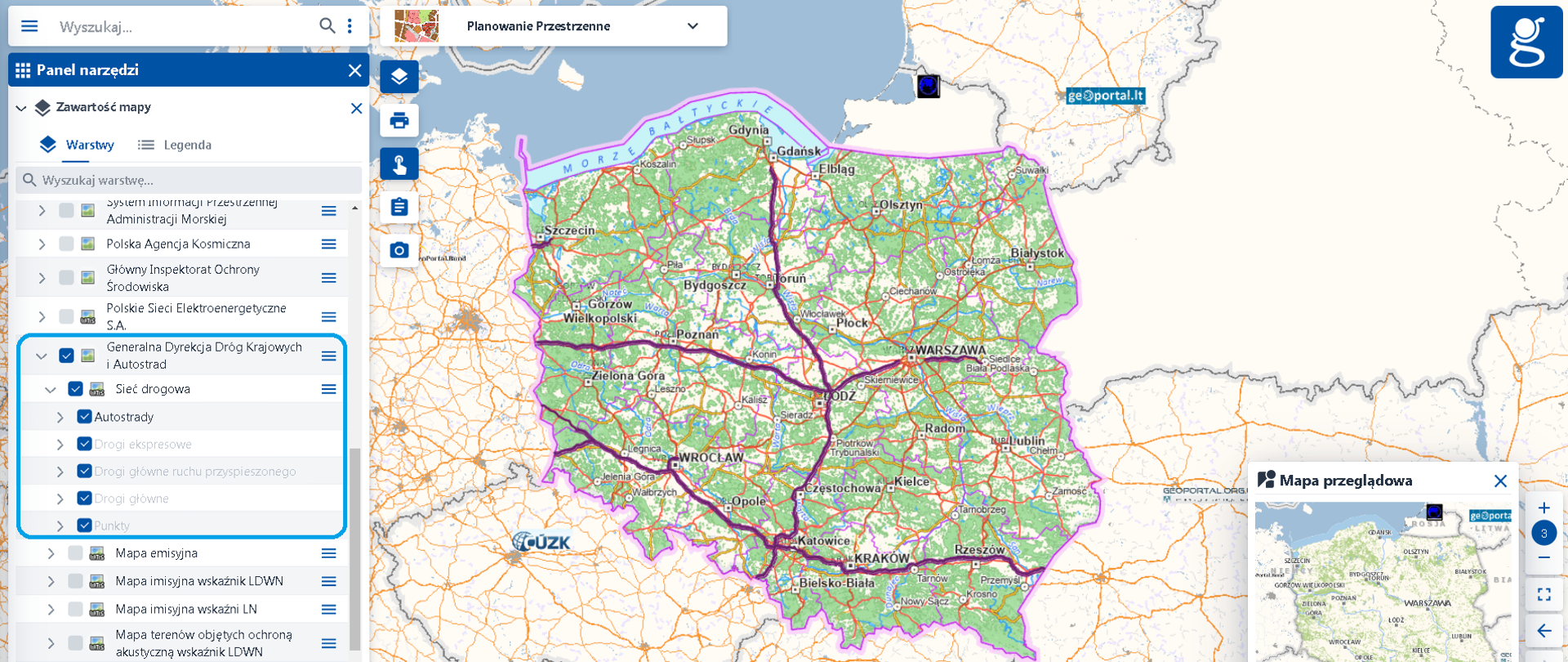 Ilustracja przedstawia zrzut ekranu ze strony www.geoportal.gov.pl z widokiem zaktualizowanej usługi Generalnej Dyrekcji Dróg Krajowych i Autostrad - Sieć drogowa.