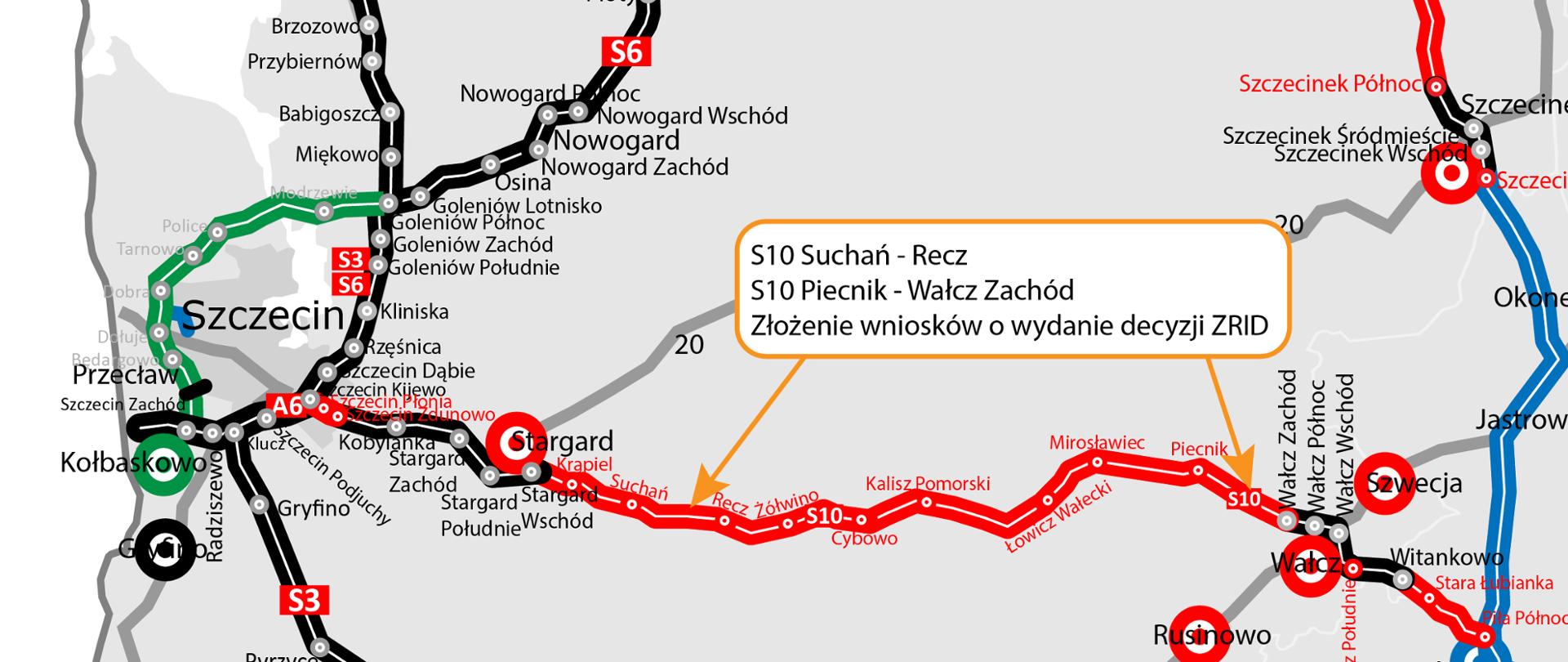 Mapa przedstawiająca lokalizację odcinków S10 Suchań - Recz i Piecnik - Wałcz Zachód