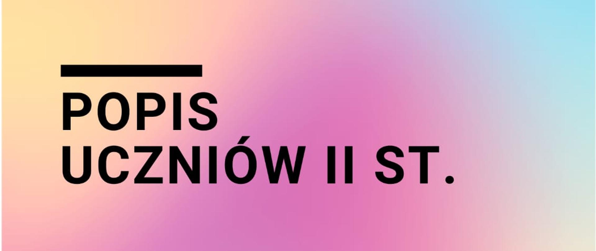 Plakat w kolorze fioletowo-różowym. Informacje tekstowe podane czcionką w kolorze czarnym. U góry tekst: "Państwowa Szkoła Muzyczna I i II st. im. K. Szymanowskiego w Zamościu". W części centralnej napis: "Popis uczniów II st." W części dolnej cienka, czarna ramka a w niej informacje o treści: "16czerwca2023, godz. 16.00, AULA".