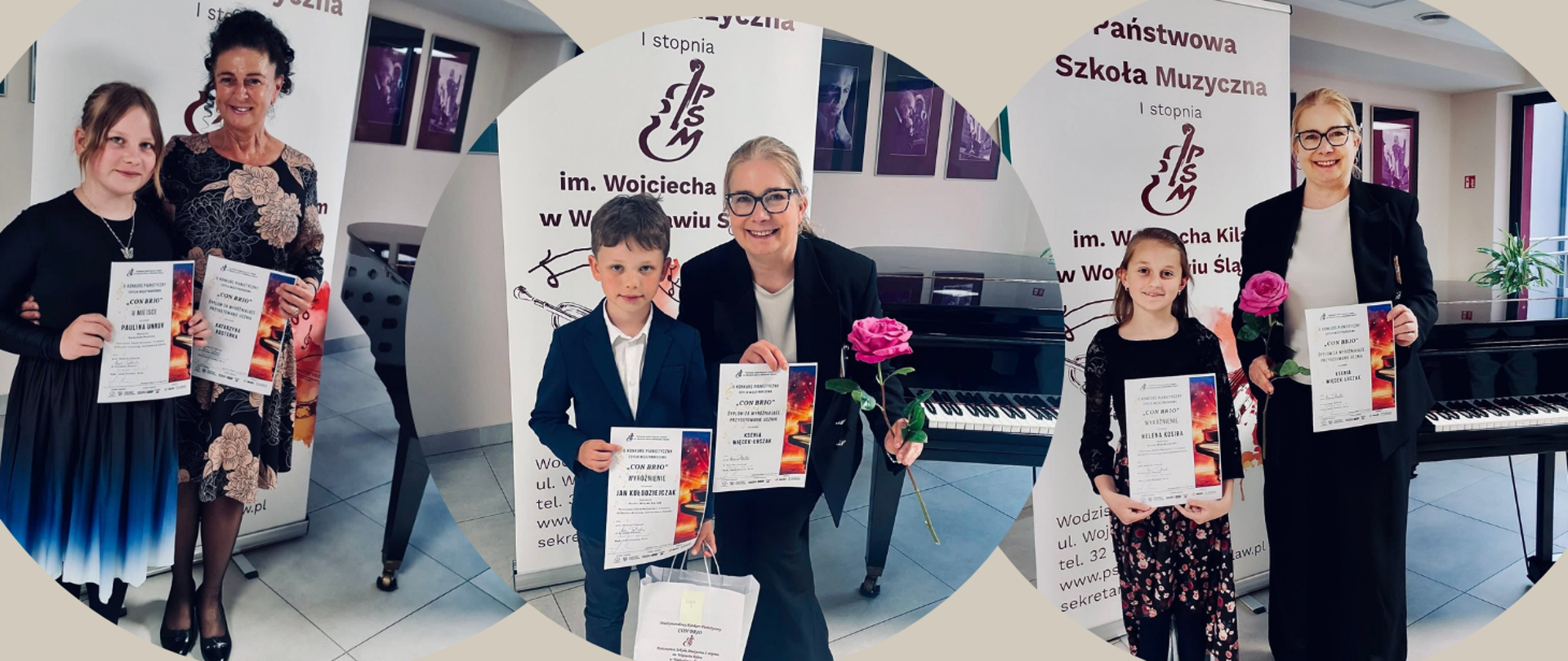 Kolaż z trzech zdjęć przedstawiających laureatów II Konkursu Pianistycznego w Państwowej Szkole Muzycznej im. Wojciecha Kilara. Po lewej stronie: uczennica z nauczycielką w czarnych sukienkach stoją przy fortepianie, trzymając dyplomy i kwiaty. Na środku: chłopiec w granatowej marynarce i nauczycielka w czarnej sukience prezentują swoje dyplomy i nagrody. Po prawej stronie: dziewczynka w kwiecistej spódnicy stoi przy fortepianie z dyplomem i różowym kwiatem, obok nauczycielki. W tle widoczne są roll-upy z logo szkoły, fortepian oraz zdjęcia na ścianie. Wszystkie osoby uśmiechają się, prezentując swoje osiągnięcia konkursowe.