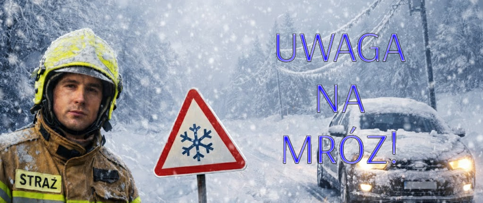 Obraz przedstawia strażaka w pełnym umundurowaniu bojowym, stojącego na zaśnieżonej drodze podczas intensywnej zamieci śnieżnej. W tle widoczny jest samochód osobowy oraz oblodzone linie energetyczne.
Szczegóły obrazu:
Pierwszy plan: Po lewej stronie znajduje się strażak w piaskowym ubraniu specjalnym z widocznym napisem „STRAŻ” na piersi. Ma na sobie żółty hełm strażacki. Jego twarz jest poważna, a na mundurze widać drobinki śniegu.
Drugi plan: Na środku drogi stoi trójkątny znak ostrzegawczy z symbolem płatka śniegu. Po prawej stronie widać samochód osobowy z włączonymi światłami, który jest niemal całkowicie zasypany śniegiem.
Tło: Sceneria jest surowa i zimowa. Wzdłuż drogi ciągną się linie energetyczne, które są mocno obciążone lodem i śniegiem. Całość otacza gęsty, padający śnieg, co ogranicza widoczność i podkreśla trudne warunki atmosferyczne.