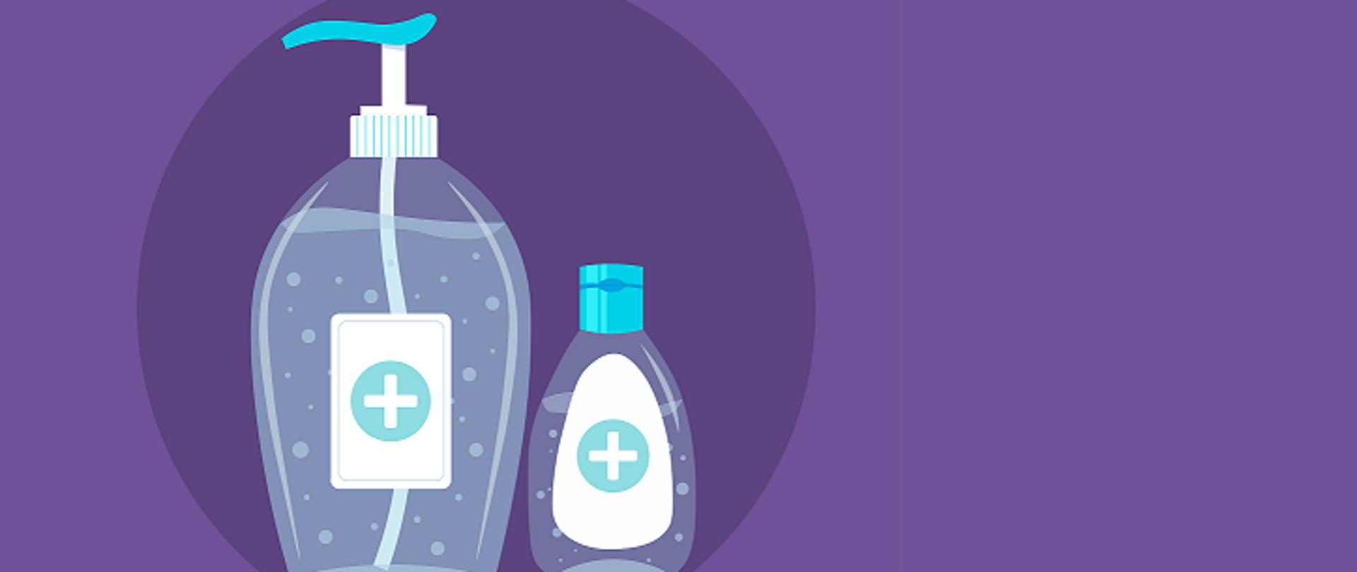 grafika przedstawiająca na fioletowym tle 2 butelki - jedną z dozownikiem z mydłem i drogą płynem do dezynfekcji rąk