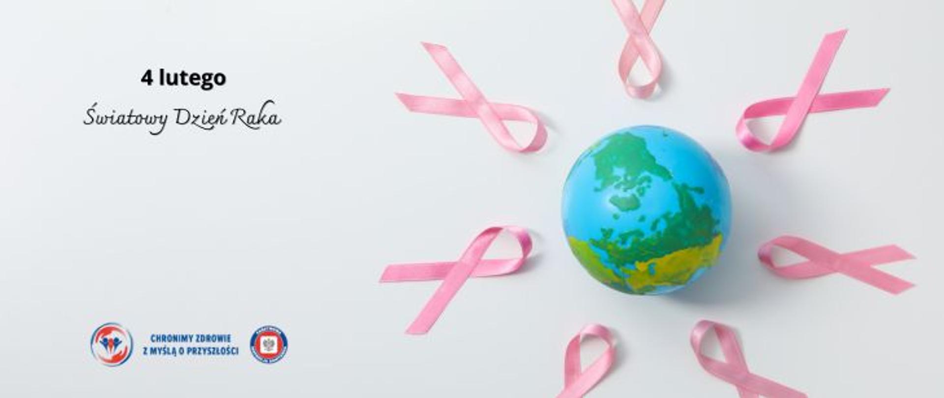 Grafika przedstawia po prawej stronie kulę ziemską, która jest otoczona różowymi wstążeczkami symbolizującymi nowotwory. Po lewej stronie umieszczono napis 4 lutego Światowy Dzień Raka, a w lewym dolnym rogu umieszczono 2 logo Inspekcji Sanitarnej i hasło Chronimy zdrowie z myślą o przyszłości.