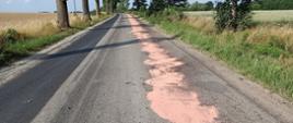 Zdjęcie przedstawia około 100 m odcinek drogi ze smugą wycieku oleju posypanego sorbentem