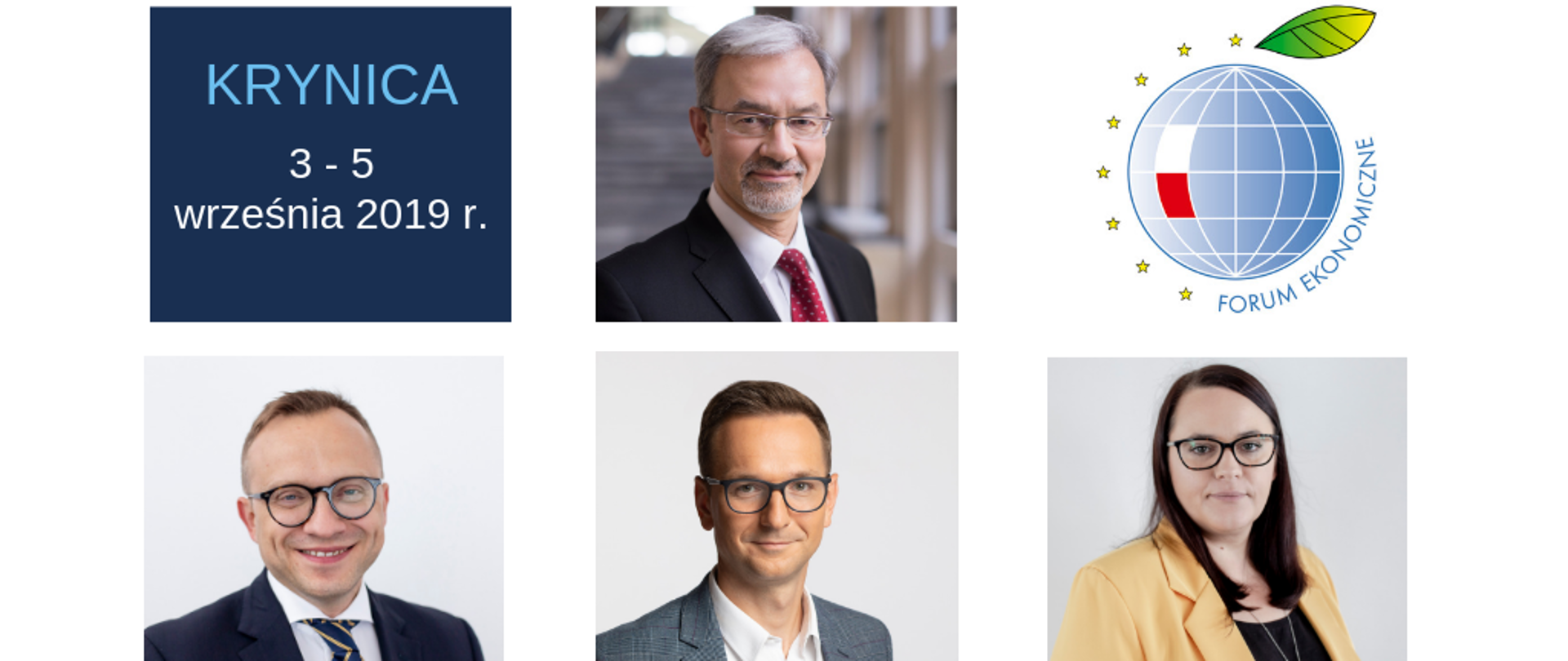 Na grafice zdjęcia twarzy ministra Jerzego Kwiecińskiego oraz wiceministrów: Artura Sobonia, Waldemara Budy i MAłgorzaty Jarosińskiej-Jedynak. Z lewej napis: Krynica 3-5 września 2019 r. o raz logo wydarzenia.