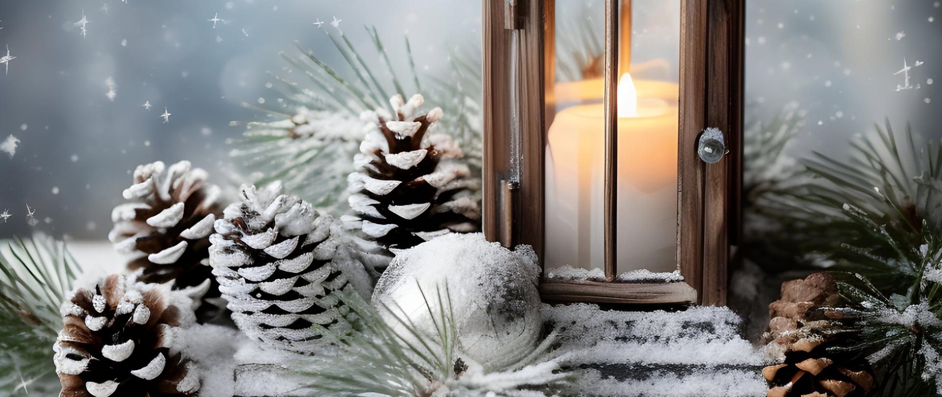Lampion z płonącą świecą, szyszkami sosnowymi i gałązkami świerku na drewnianej desce pokrytej śniegiem, abstrakcyjne tło z płatkami śniegu i mieniącym się światłem. 