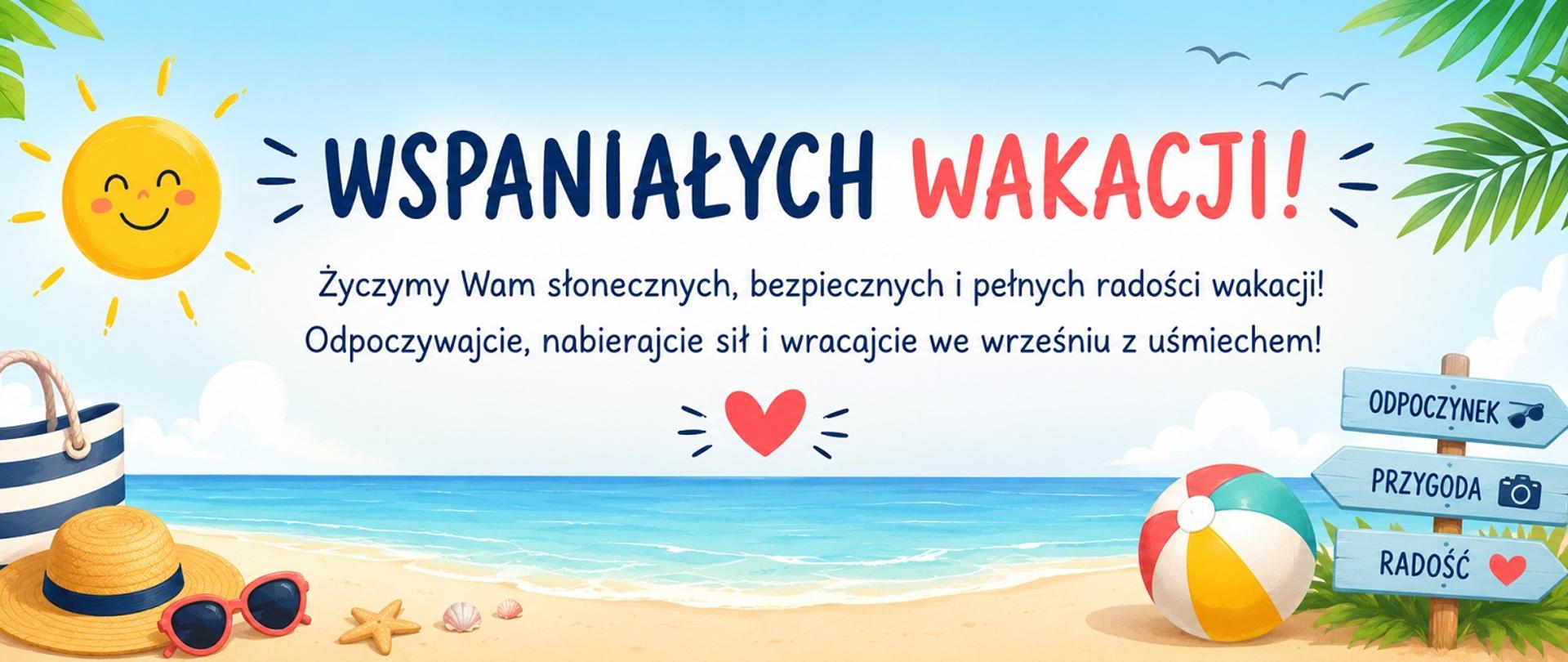 Karta z życzeniami "Wspaniałych Wakacji", w grafice: słońce, plaża, piłka i kierunkowskazy.