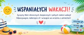 Karta z życzeniami "Wspaniałych Wakacji", w grafice: słońce, plaża, piłka i kierunkowskazy.