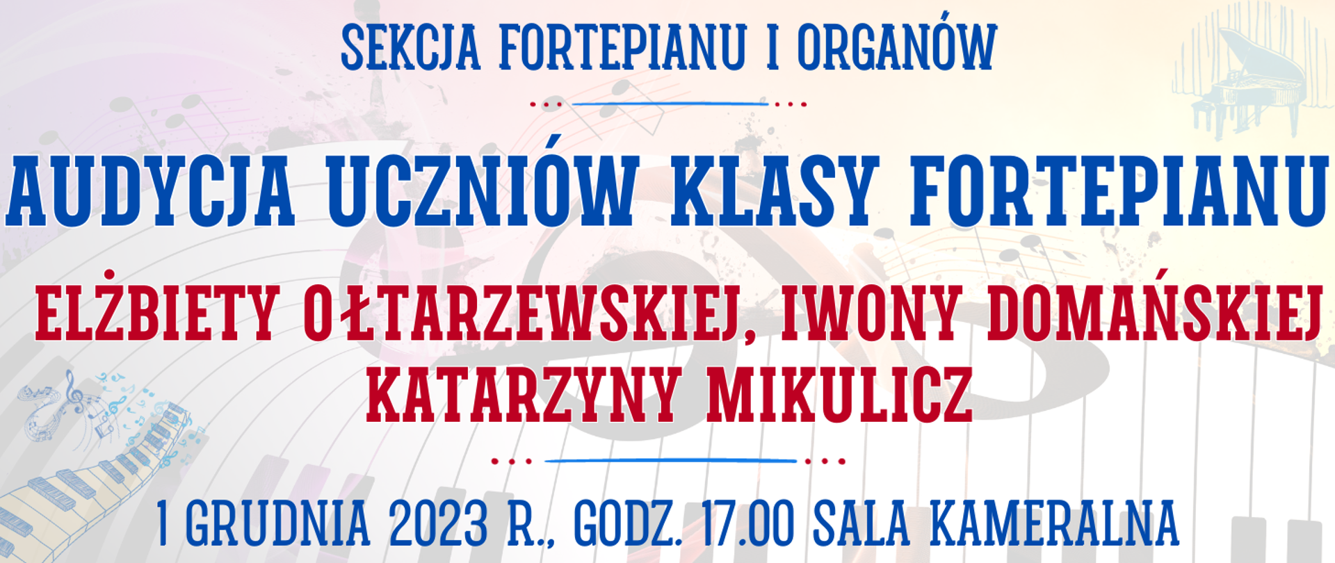 kolorowe tło z klawiaturą fortepianu typu clipart oraz informacja o wydarzeniu