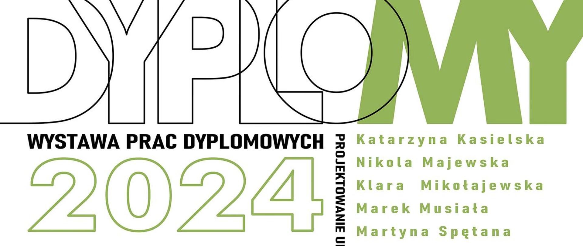 Plakat informujący o wystawie prac dyplomowych uczniów klasy piątej PLSP , wernisaż 12 kwietnia 2024 r. o godz. 15.00 w "Galerii na rogu"