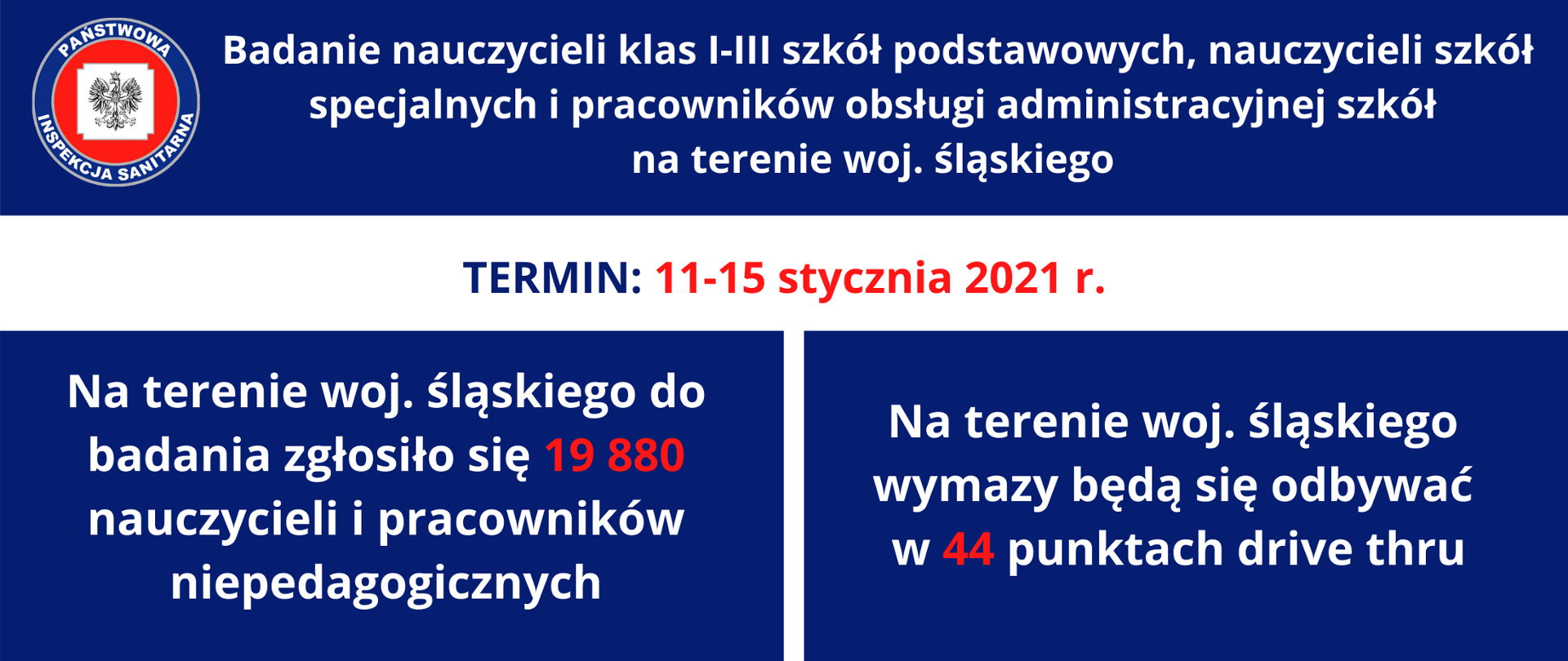 Baner dotyczący przeprowadzenia badań przesiewowych dla nauczycieli klas I-III szkół podstawowych i pracowników obsługi administracyjnej w województwie śląskim