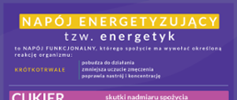 Na infografice przedstawiony jest problem cukru, jako jednego ze składników napojów energetyzujących. Duża zawartość tego dodatku w energetykach i samo spożycie nadmiaru tych napojów skutkuje licznymi problemami zdrowotnymi., tj.: nadwagą, insulinoopornością, pogorszeniem jakości snu, zaburzeniami flory bakteryjnej czy pojawieniem się próchnicy.
