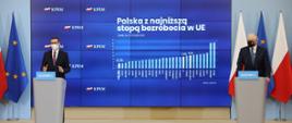Premier Matusz Morawiecki i wicepremier, minister rozwoju, pracy i technologii Jarosław Gowin stojący przy mównicach, z tyłu za ich plecami flagi Polski i UE oraz ekran z informacją i wykresem o stopie bezrobocia w Polsce na tle innych państw