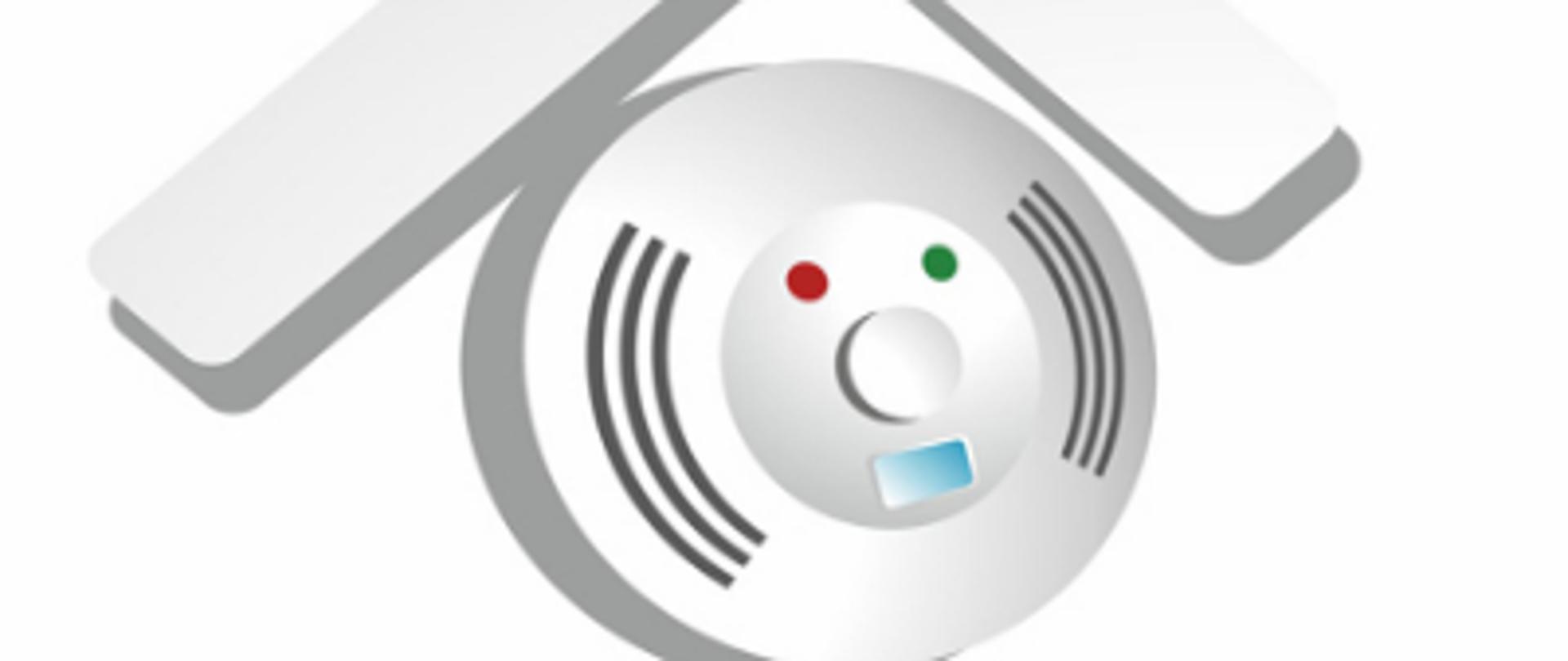 Zdjęcie przedstawia czujkę nad nią dach domu w kolorze białym. Pod spodem znajduje się napis w kolorze czerwonym czujka na straży Twojego bezpieczeństwa!