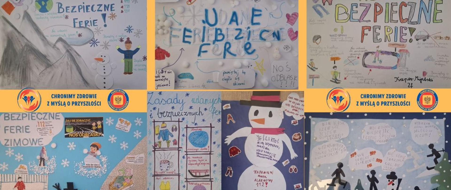 Na plakatach przedstawiono bałwanki, góry, sanki, numer alarmowy, porady dot. bezpiecznych zimowych zabaw.