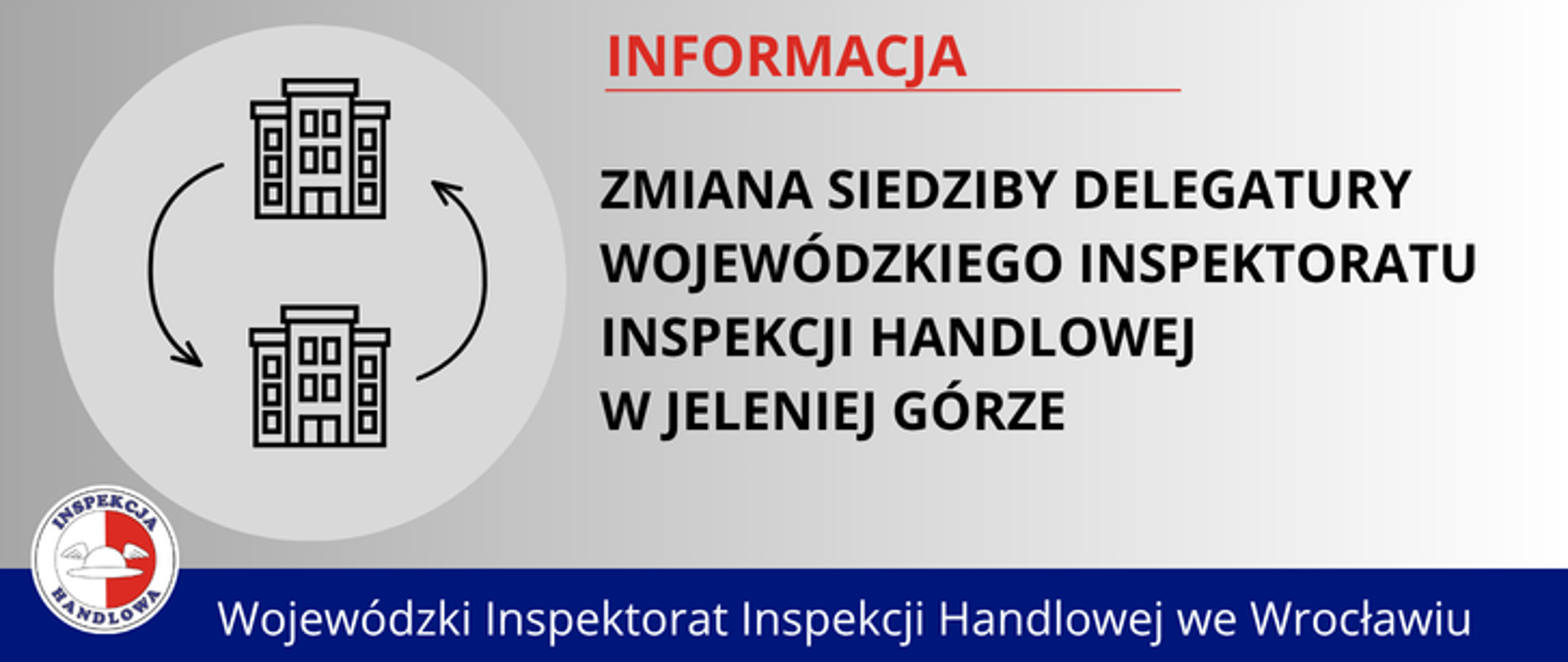 Grafika informacyjna. Po lewej stronie grafika - dwa budynki i strzałki sugerujące zmianę. Po prawej tekst: „Zmiana siedziby Delegatury Wojewódzkiego Inspektoratu Inspekcji Handlowej w Jeleniej Górze”. Na dole granatowy pasek z napisem „Wojewódzki Inspektorat Inspekcji Handlowej we Wrocławiu” oraz logo Inspekcji Handlowej.