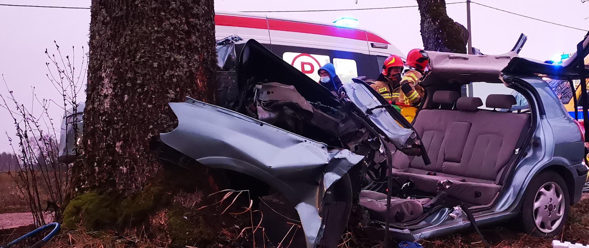 Samochód osobowy przodem uderzył przydrożne drzewo. Auto ma odcięty dach, za pojazdem znajdują się dwie karetki pogotowia oraz dwóch strażaków. 