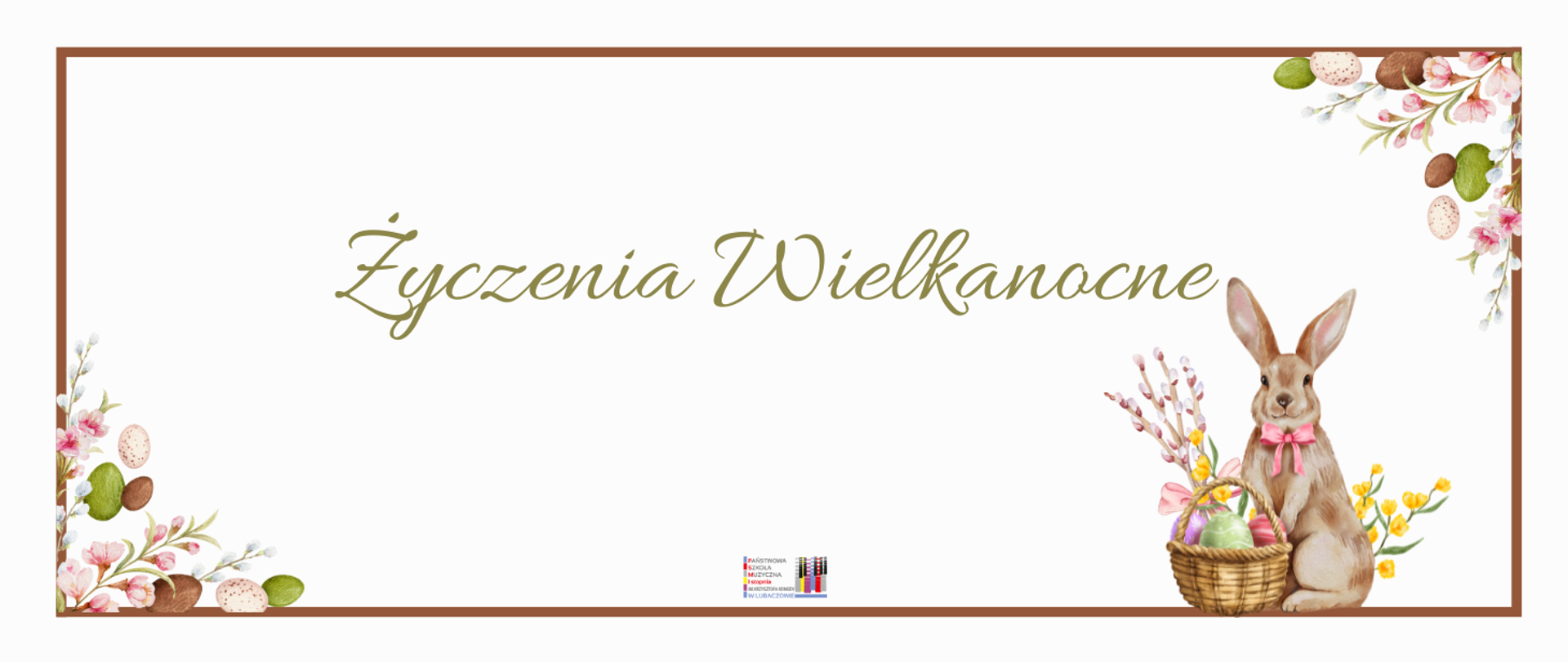 Na beżowym tle w prawym górnym rogu oraz lewym dolnym rogu widnieje grafika z kwiatami, baziami oraz pisankami. W prawym dolnym rogu widoczna jest grafika z brązowym zającem oraz koszyczkiem świątecznym z pisankami, baziami i kwiatkami. W dolnej środkowej części umieszczone zostało logo szkoły. W środkowej części umieszczony został napis "Życzenia Wielkanocne".