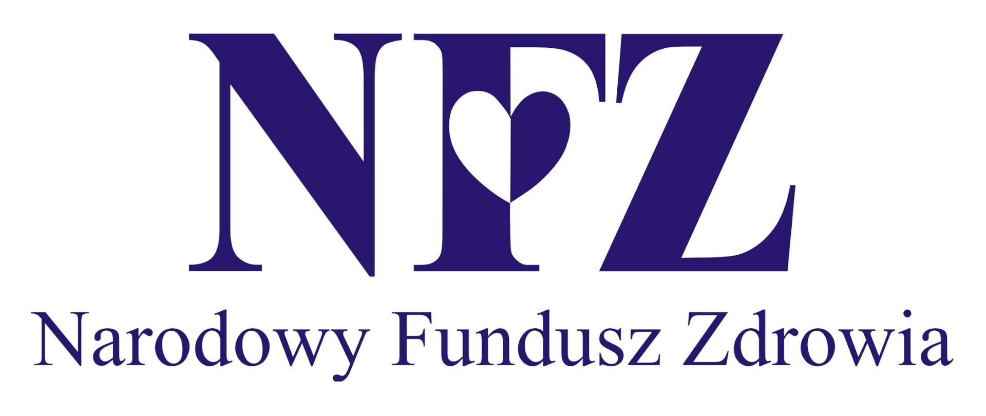 Granatowe logo Narodowego Fundusz Zdrowia, NFZ z sercem w literze F