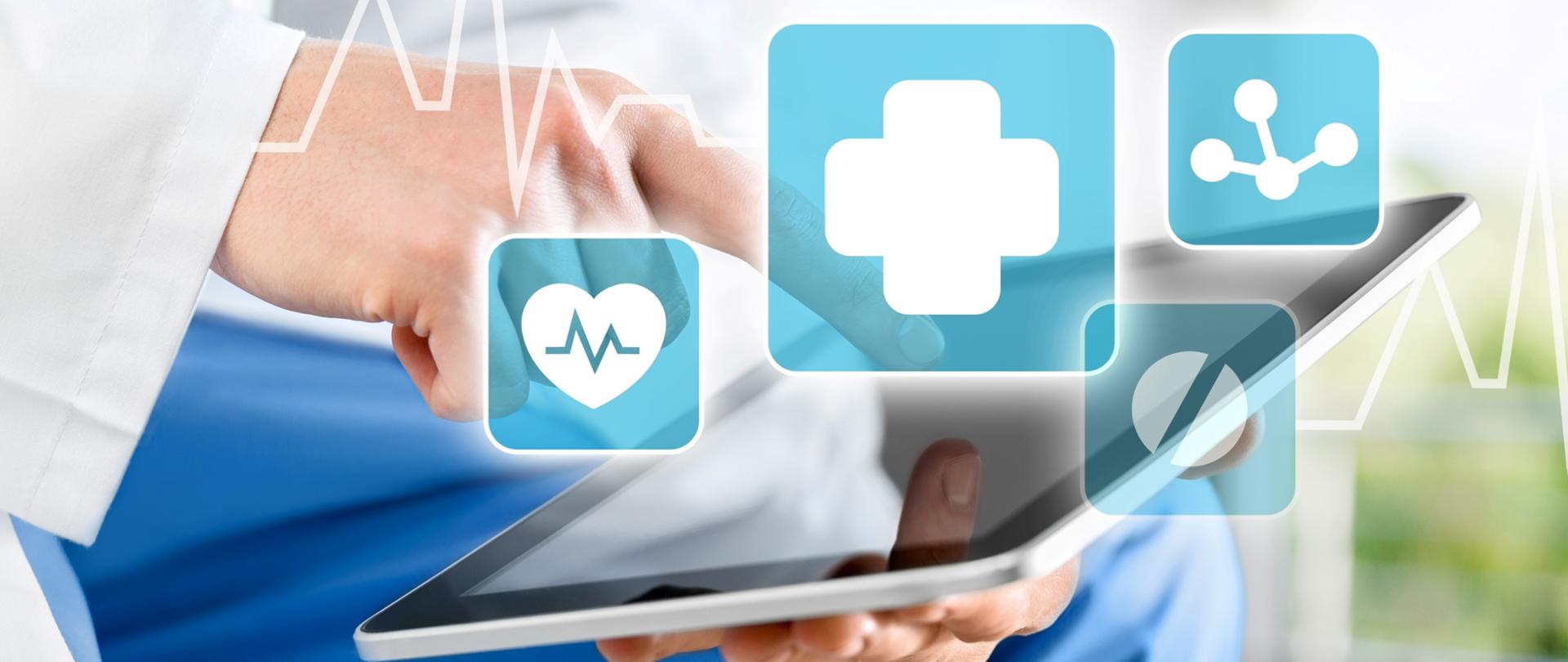 Grafika ilustrująca postęp w e-zdrowiu. Na grafice dłoń lekarza naciska na ekran tabletu.