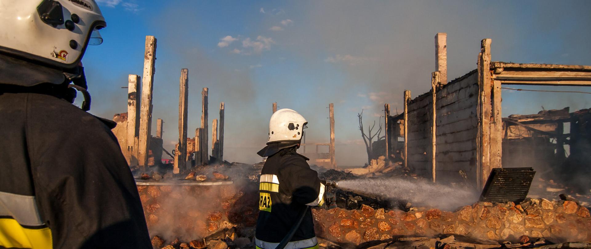 Zdjęcie przedstawia dwóch strażaków (w ubraniu specjalnym strażackim koloru czarnego z białymi hełmami na głowach) podczas gaszenia pożaru zgliszcz domu mieszkalnego. Obie postacie obrócone tyłem do fotografującego sfotografowane podczas słonecznego dnia blisko zachodu słońca.
W lewej części kadru stoi strażak OSP (pomocnik przodownika roty) trzymający odcinek strażacki wypełniony wodą. W centralnej części zdjęcia, strażak OSP trzymający prądownicę pistoletową, gasi prądem wody rozproszonej pozostałości po pożarze budynku mieszkalnego. Na drugim planie pozostałości betonowe (słupy i płyty betonowe stanowiące ściany) po konstrukcji budynku. W środkowej części na drugim planie widoczne mury wykonane z kamienia wysokości około 0,5 metra.