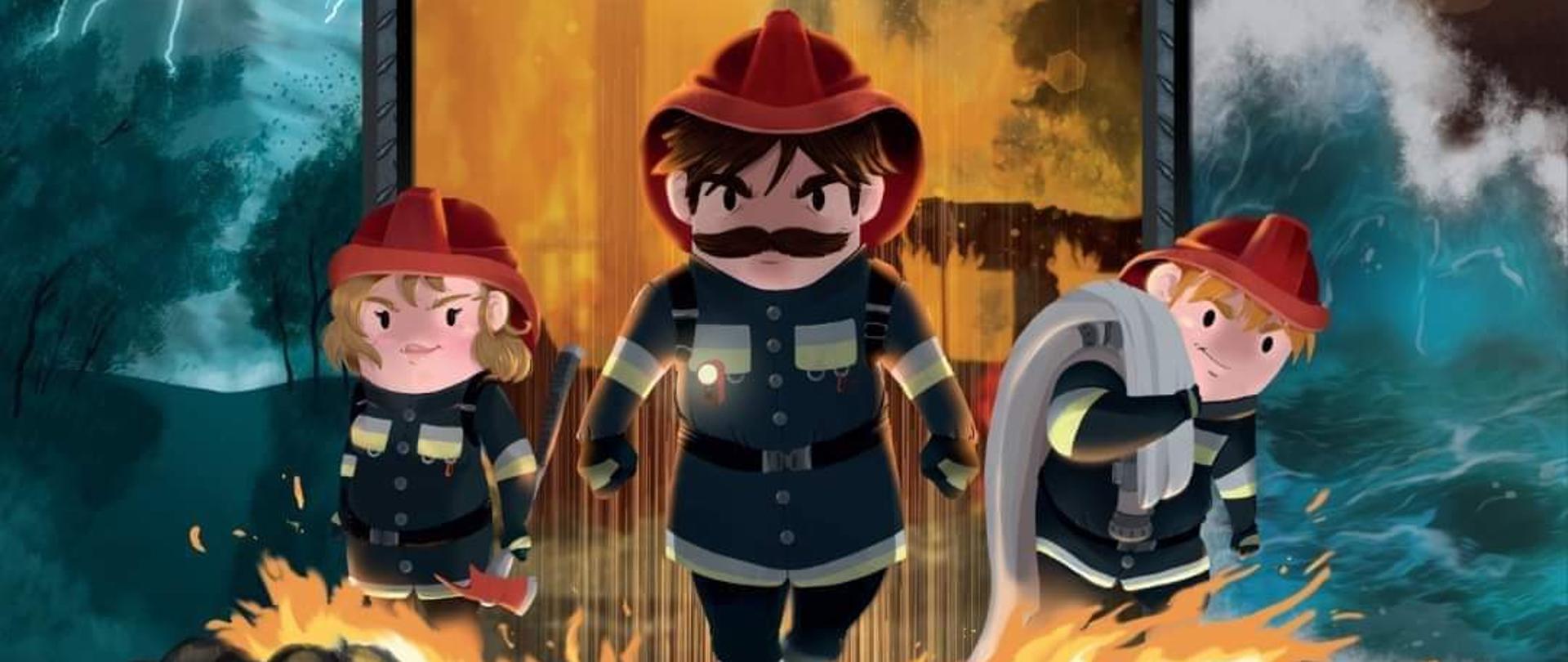 Grafika promująca grę. Widoczni trzej strażacy, u ich stóp ogień i dym.