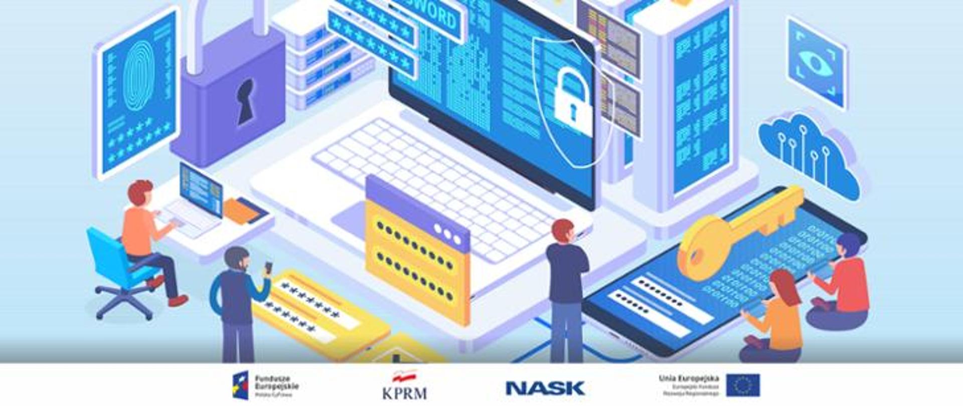 Anonimowa grafika przedstawiająca postacie korzystające z urządzeń - laptopa, smartfona i tabletów. 