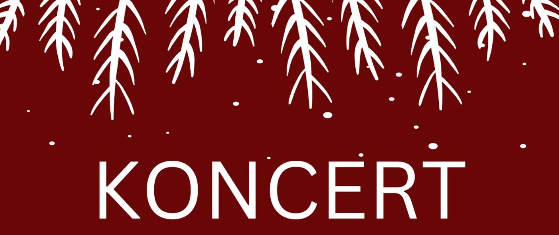 Plakat informujący o koncercie szkolnym. Na czerwonym, świątecznym tle widnieje biały napis: „Koncert uczniów klasy gitary pana Tadeusza Wirzby”. Poniżej podana jest data i godzina wydarzenia: „19.12.2025 (piątek), godz. 17:30”. Na dole plakatu znajduje się napis „Zapraszamy”. Grafika zawiera ilustracje o tematyce bożonarodzeniowej: stylizowane choinki, opadające gałązki oraz postać uśmiechniętego chłopca w czapce św. Mikołaja grającego na gitarze. Całość utrzymana jest w radosnym, świątecznym stylu.