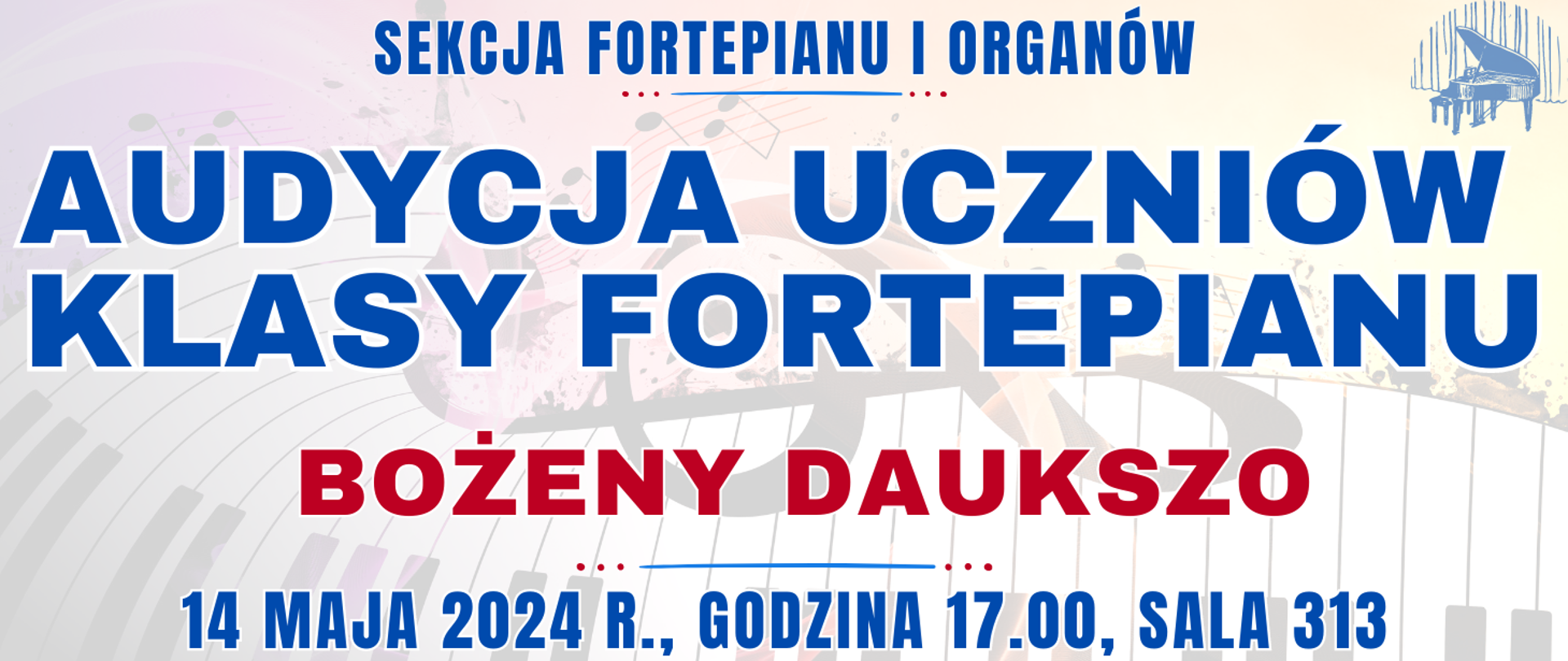 kolorowe tło z muzycznymi elementami typu clipart oraz informacja o wydarzeniu