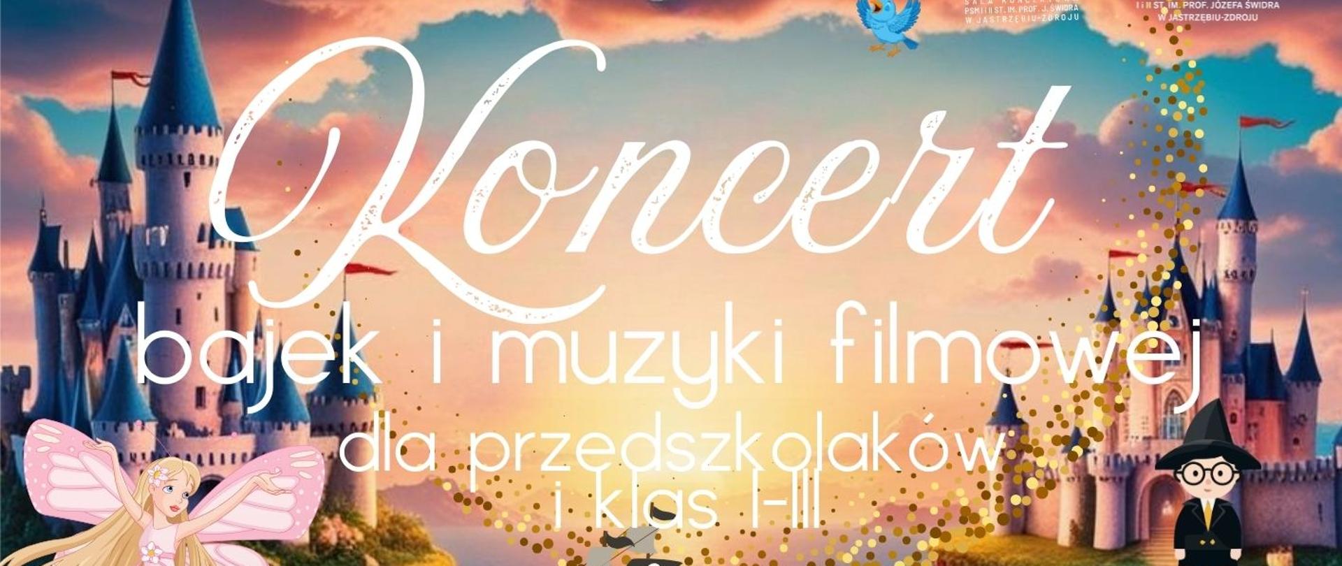 Plakat informacyjny dotyczący koncertu bajek i muzyki filmowej odbywającego się w dniu 20.03.2025 o godz. 11.30.
