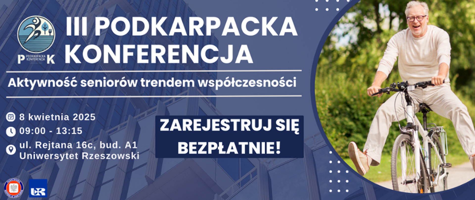 Zdjęcie przedstawia starszego pana, który jedzie rowerem, w tle widnieje napis III Podkarpacka Konferencja 