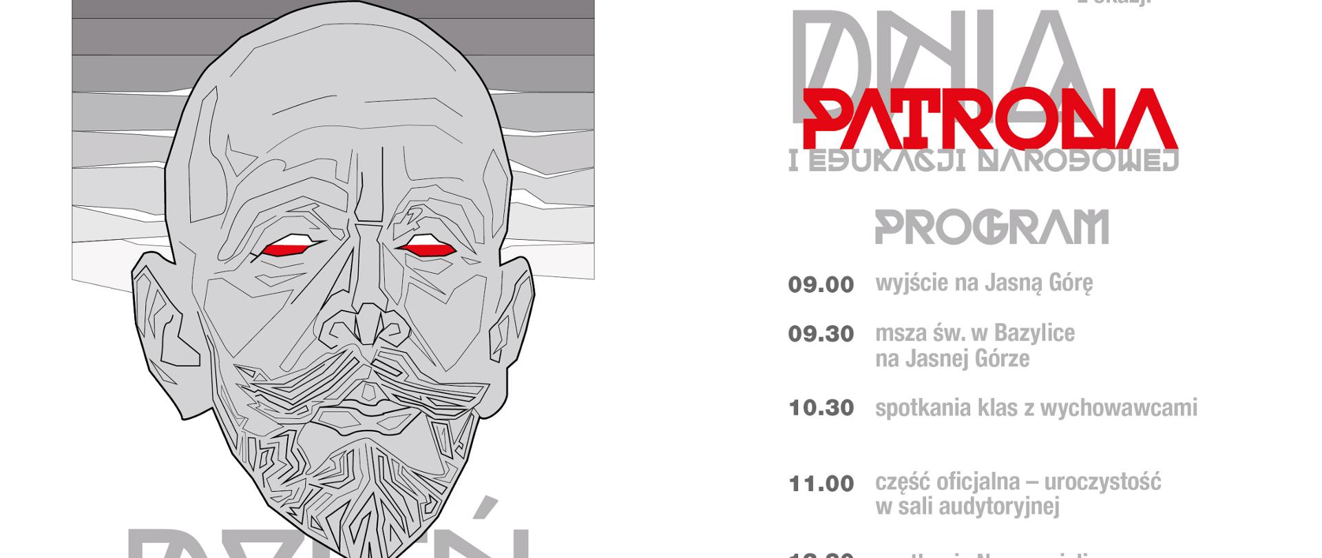 Plakat graficzny Dzień Patrona 2023, z prawej strony harmonogram godzinowy z lewej strony grafika patrona szkoły Jacka Malczewskiego