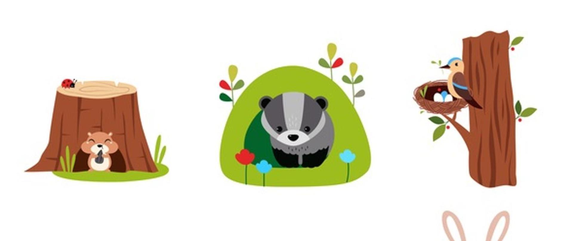 3 obrazki obrazujące zwierzęta leśne siedzące w norach oraz w gnieździe na drzewie. Są to miejsca ich schronienia i odpoczynku.