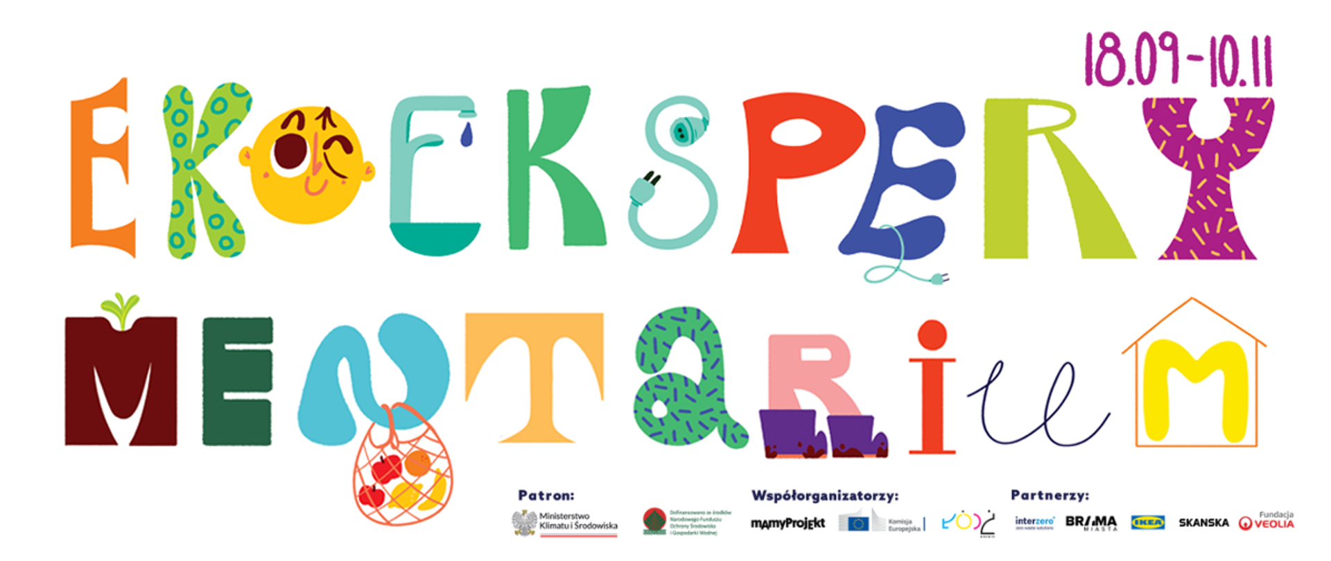 Grafika zawierająca logotyp EkoEksperymentarium, datę wystawy w Łodzi (19.09-10.11.2023 r.) oraz logotypy patrona wystawy, współorganizatorów i partnerów. 